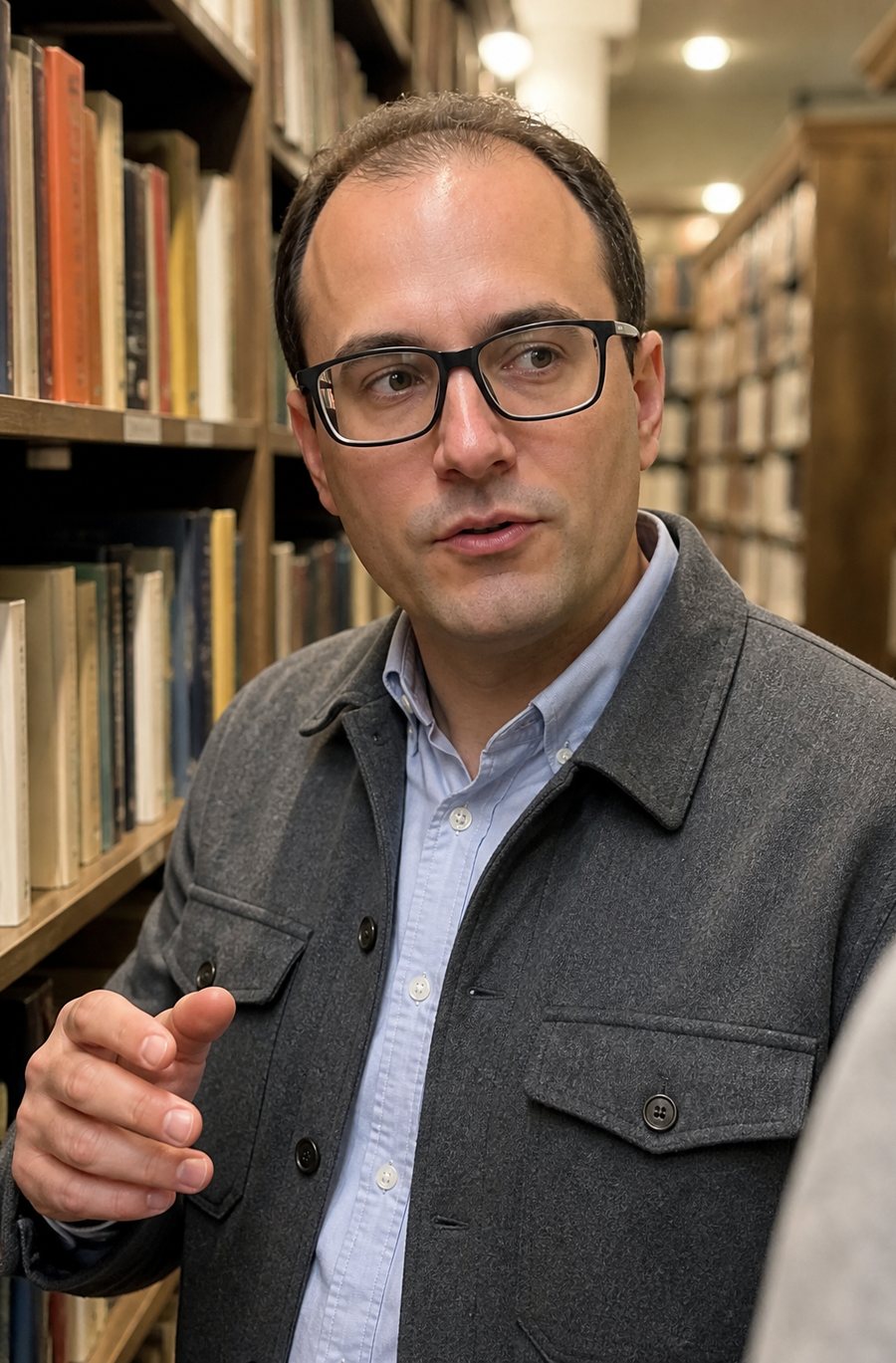 Erik Fessler zwischen Bücherregalen in einer Buchhandlung